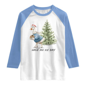 Funny Christmas Ice Skating Raglan Shirt Have An Ice Day Goose Xmas Tree TS11 White Carolina Blue Print Your Wear