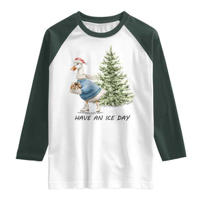 Funny Christmas Ice Skating Raglan Shirt Have An Ice Day Goose Xmas Tree TS11 White Dark Forest Green Print Your Wear