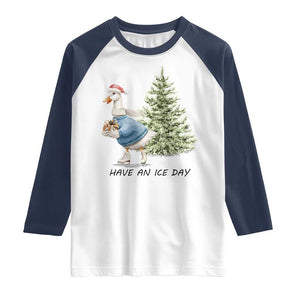 Funny Christmas Ice Skating Raglan Shirt Have An Ice Day Goose Xmas Tree TS11 White Navy Print Your Wear