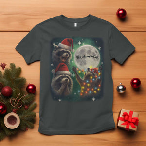 Funny Three Raccoons With The Moon Christmas T Shirt Santa Sleigh TS11 Dark Heather Print Your Wear