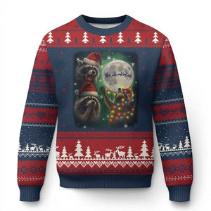 Funny Three Raccoons With The Moon Xmas Ugly Christmas Sweater Santa Sleigh TS11 Navy Red Print Your Wear