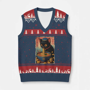 Cat Ramen Hanukkah V-Neck Knit Sweater Vest Japanese Kawaii Anime Chanukah Cat TS11 Navy Red Print Your Wear