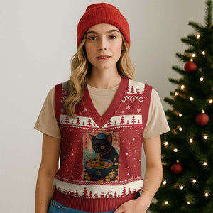 Cat Ramen Hanukkah V-Neck Knit Sweater Vest Japanese Kawaii Anime Chanukah Cat TS11 Red Beige Print Your Wear
