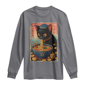 Cat Ramen Hanukkah Long Sleeve Shirt Japanese Kawaii Anime Chanukah Cat TS11 Charcoal Print Your Wear