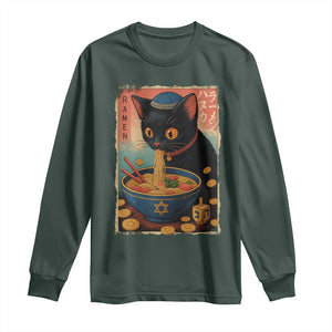 Cat Ramen Hanukkah Long Sleeve Shirt Japanese Kawaii Anime Chanukah Cat TS11 Dark Forest Green Print Your Wear