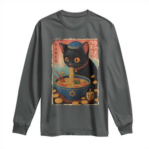 Cat Ramen Hanukkah Long Sleeve Shirt Japanese Kawaii Anime Chanukah Cat TS11 Dark Heather Print Your Wear