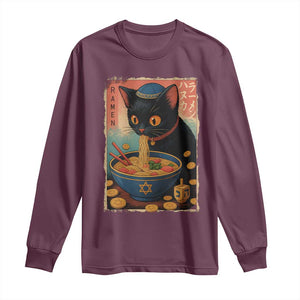 Cat Ramen Hanukkah Long Sleeve Shirt Japanese Kawaii Anime Chanukah Cat TS11 Maroon Print Your Wear