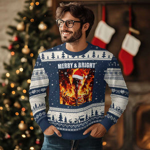 Funny Merry And Bright Ugly Christmas Sweater Christmas Chaos Xmas Skeleton Fire Flames TS11 Navy Beige Print Your Wear