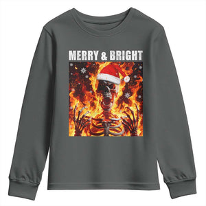 Funny Merry And Bright Youth Sweatshirt Christmas Chaos Xmas Skeleton Fire Flames TS11 Dark Heather Print Your Wear