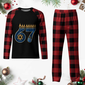 Funny 67 Hanukkah Plaid Pajama Set Chanukah Menorah Dreidel Star Of David Six Seven Meme - Print Your Wear