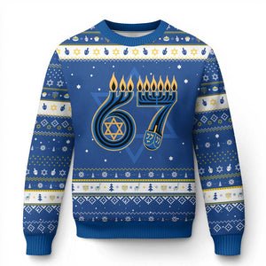 Funny 67 Chanukah Hanukkah Ugly Sweater Menorah Dreidel Star Of David Six Seven Meme TS11 Blue White Print Your Wear