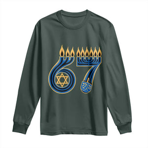 Funny 67 Hanukkah Long Sleeve Shirt Chanukah Menorah Dreidel Star Of David Six Seven Meme TS11 Dark Forest Green Print Your Wear