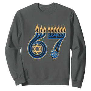 Funny 67 Hanukkah Sweatshirt Chanukah Menorah Dreidel Star Of David Six Seven Meme TS11 Dark Heather Print Your Wear