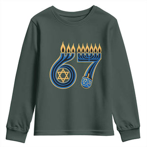 Funny 67 Hanukkah Youth Sweatshirt Chanukah Menorah Dreidel Star Of David Six Seven Meme TS11 Dark Forest Green Print Your Wear