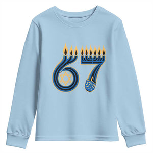 Funny 67 Hanukkah Youth Sweatshirt Chanukah Menorah Dreidel Star Of David Six Seven Meme TS11 Light Blue Print Your Wear