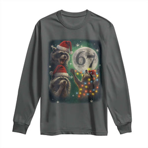 Funny Christmas Three Raccoons 67 Long Sleeve Shirt Trash Panda Moon Howling Six Seven Meme TS11 Dark Heather Print Your Wear