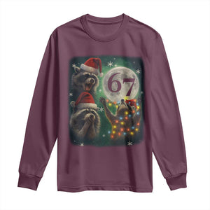 Funny Christmas Three Raccoons 67 Long Sleeve Shirt Trash Panda Moon Howling Six Seven Meme TS11 Maroon Print Your Wear