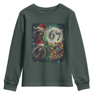 Funny Christmas Three Raccoons 67 Youth Sweatshirt Trash Panda Moon Howling Six Seven Meme TS11 Dark Forest Green Print Your Wear
