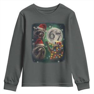 Funny Christmas Three Raccoons 67 Youth Sweatshirt Trash Panda Moon Howling Six Seven Meme TS11 Dark Heather Print Your Wear