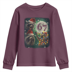 Funny Christmas Three Raccoons 67 Youth Sweatshirt Trash Panda Moon Howling Six Seven Meme TS11 Maroon Print Your Wear