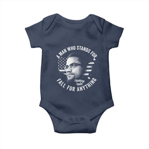 Malcolm X Baby Onesie A Man Who Stands For Nothing Will Fall For Anything American Flag TS11 Navy Print Your Wear