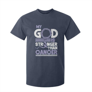 All Cancer Awareness T Shirt For Kid My God Is Stronger Than Cancer Lavender Ribbon TS11 Navy Print Your Wear