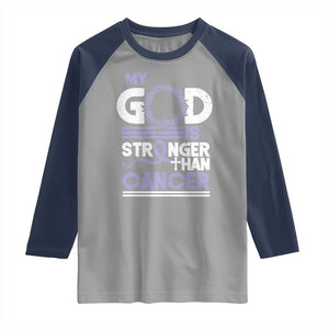 All Cancer Awareness Raglan Shirt My God Is Stronger Than Cancer Lavender Ribbon TS11 Sport Gray Navy Print Your Wear