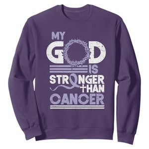 All Cancer Awareness Sweatshirt My God Is Stronger Than Cancer Lavender Ribbon TS11 Purple Print Your Wear