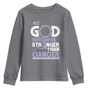 All Cancer Awareness Youth Sweatshirt My God Is Stronger Than Cancer Lavender Ribbon TS11 Charcoal Print Your Wear