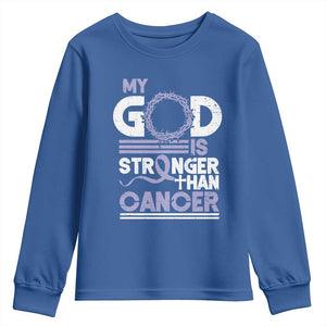 All Cancer Awareness Youth Sweatshirt My God Is Stronger Than Cancer Lavender Ribbon TS11 Royal Blue Print Your Wear