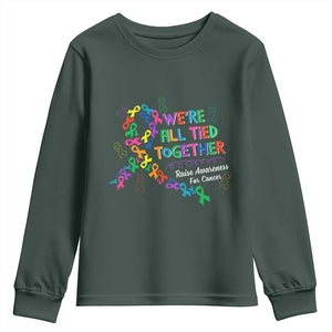 All Cancer Awareness Youth Sweatshirt We're All Tied Together Raise Awareness For Cancer Ribbons TS11 Dark Forest Green Print Your Wear