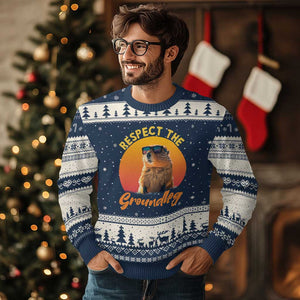 Funny Groundhog Day Ugly Christmas Sweater Respect The Groundhog Woodchuck TS11 Navy Beige Print Your Wear