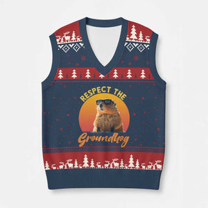 Funny Groundhog Day V-Neck Knit Sweater Vest Respect The Groundhog Woodchuck TS11 Navy Red Print Your Wear