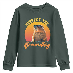 Funny Groundhog Day Youth Sweatshirt Respect The Groundhog Woodchuck TS11 Dark Forest Green Print Your Wear