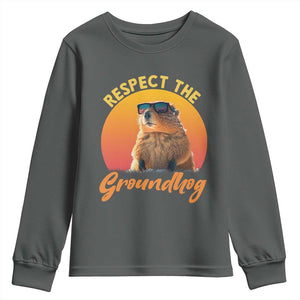 Funny Groundhog Day Youth Sweatshirt Respect The Groundhog Woodchuck TS11 Dark Heather Print Your Wear