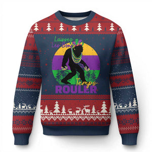 Funny Bigfoot Mardi Gras Ugly Christmas Sweater Laissez Les Bons Temps Rouler Bald Cypress TS11 Navy Red Print Your Wear