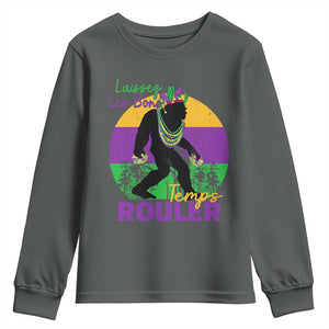 Funny Bigfoot Mardi Gras Youth Sweatshirt Laissez Les Bons Temps Rouler Bald Cypress TS11 Dark Heather Print Your Wear