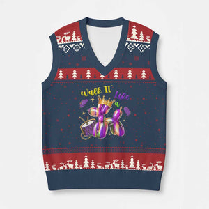 Funny Mardi Gras V-Neck Knit Sweater Vest Walk It Like A Dog Balloon New Orleans TS11 Navy Red Print Your Wear