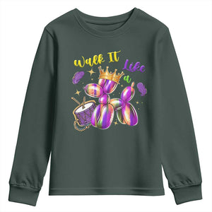 Funny Mardi Gras Youth Sweatshirt Walk It Like A Dog Balloon New Orleans TS11 Dark Forest Green Print Your Wear