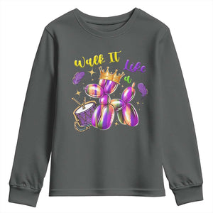 Funny Mardi Gras Youth Sweatshirt Walk It Like A Dog Balloon New Orleans TS11 Dark Heather Print Your Wear