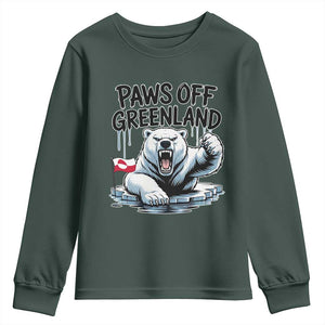 Paws Off Greenland Youth Sweatshirt Resist Polar Bear Political Satire TS11 Dark Forest Green Print Your Wear