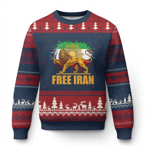 Free Iran Ugly Christmas Sweater Iran Flag Lion And Sun Persian Pride Iranian Protests TS11 Navy Red Print Your Wear