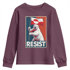 Resist Greenland Polar Bear Holding Flag Art Youth Sweatshirt Resistance Political TS11 Maroon Print Your Wear