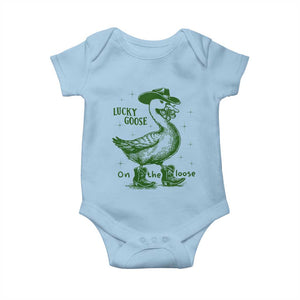 Funny St Patrick's Day Lucky Goose On The Loose Baby Onesie Cowboy Goose Shamrock TS11 Light Blue Print Your Wear