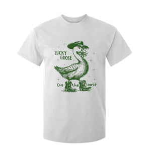 Funny St Patrick's Day Lucky Goose On The Loose T Shirt For Kid Cowboy Goose Shamrock TS11 White Print Your Wear