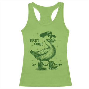 Funny St Patrick's Day Lucky Goose On The Loose Racerback Tank Top Cowboy Goose Shamrock TS11 Lime Print Your Wear