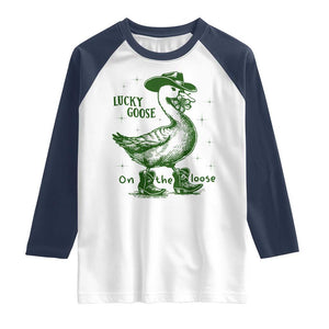 Funny St Patrick's Day Lucky Goose On The Loose Raglan Shirt Cowboy Goose Shamrock TS11 White Navy Print Your Wear