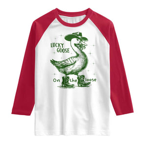 Funny St Patrick's Day Lucky Goose On The Loose Raglan Shirt Cowboy Goose Shamrock TS11 White Red Print Your Wear