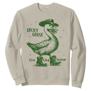 Funny St Patrick's Day Lucky Goose On The Loose Sweatshirt Cowboy Goose Shamrock TS11 Sand Print Your Wear