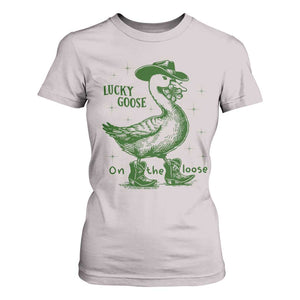 Funny St Patrick's Day Lucky Goose On The Loose T Shirt For Women Cowboy Goose Shamrock TS11 Ice Gray Print Your Wear
